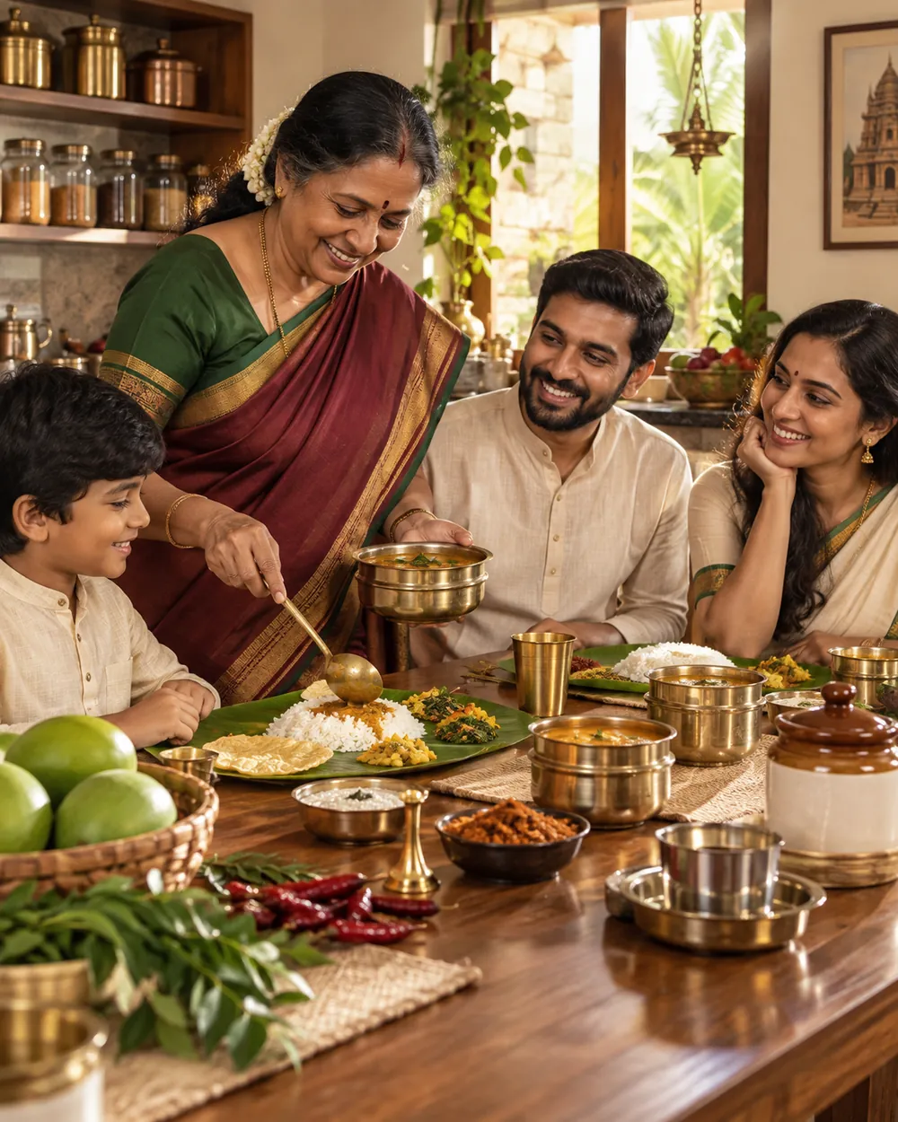 A South Indian family sharing a traditional home-cooked meal on banana leaves, served from brass vessels